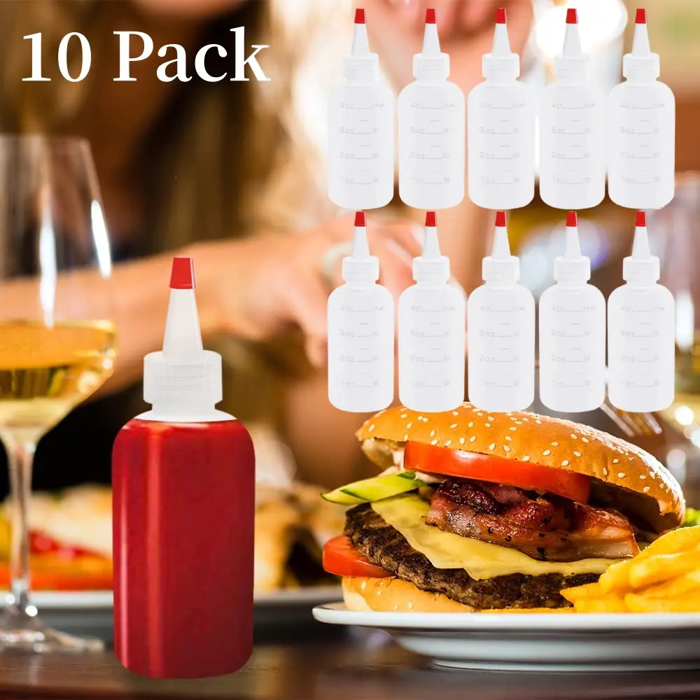 Set of 10 Clear Dispensing Bottles, 4oz Round Plastic Squeeze Bottle with Red Tip Caps, Food Grade Household for Oils, Liquids, Inks, Crafts, Kitchen
