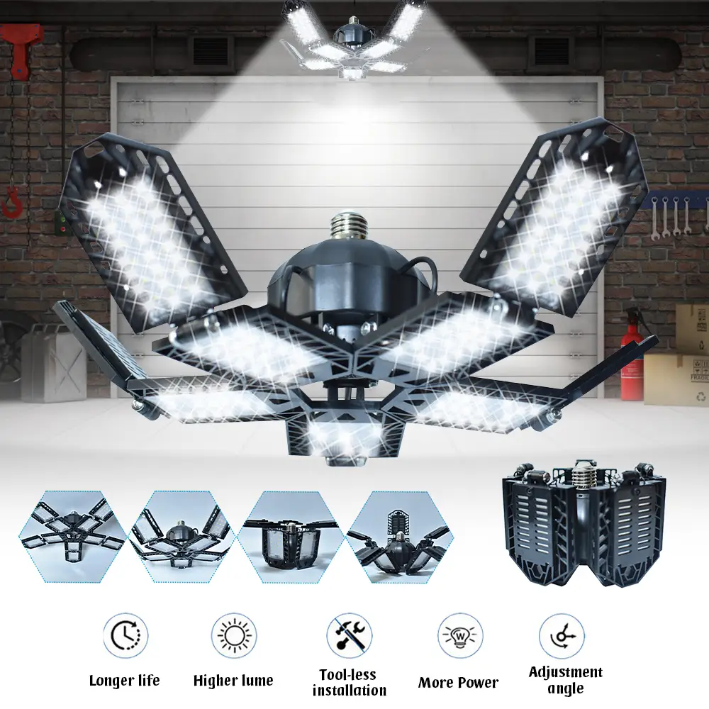 LED Garage Light,Super Bright Screw in E26/E27 Ceiling Shop Work Lamp, 80000 Lumen Deformable Basement Bulb Fixture with 10 Adjustable Panels, Lightin