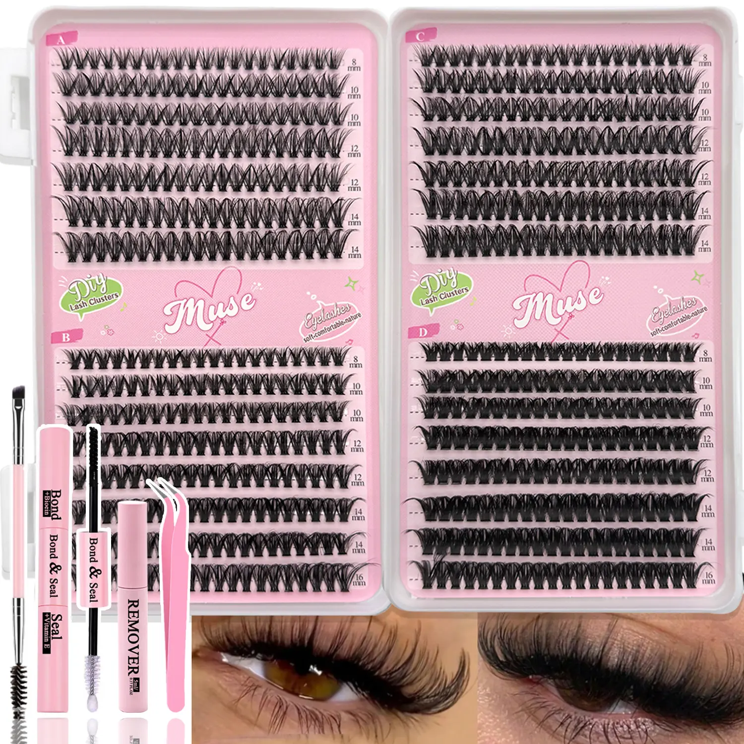 DIY Lash Clusters Kit, 600pcs DIY Eyelash Extensions Bundle with Cluster Lashes, Bond, Seal, Remover, Tweezers & Brush - 40D/50D/60D/80D Nature C Curl Shape 8-14mm, Cross, Curl Enhancing, Easy At-Home Use for Beginners