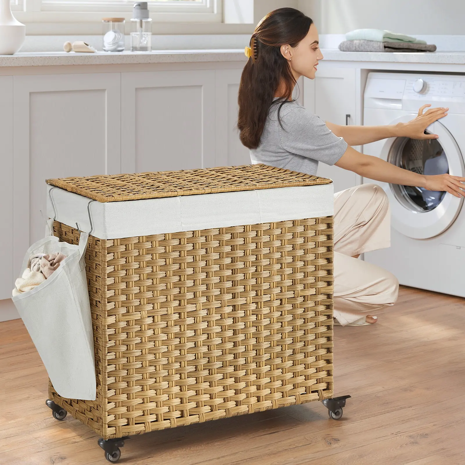 SONGMICS Laundry Hamper with Lid, Large Capacity, Rolling Laundry Basket with Wheels, 3-Section Synthetic Rattan, Removable Liner,dorm room inspo,college dorm essentials,dorm haul