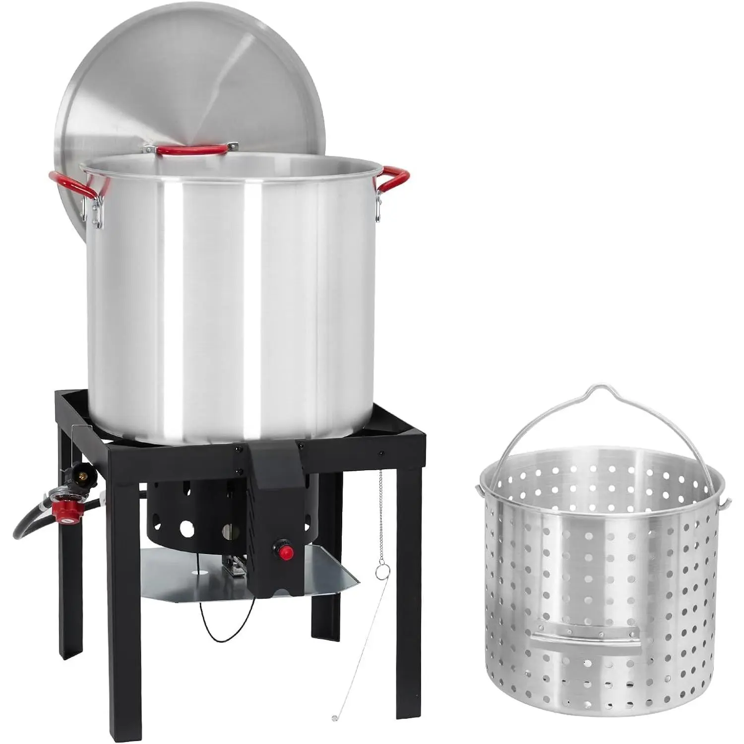 100QT Seafood Boil Pot Kit with Basket, 110,000 BTU Propane Burner | Electronic ignition, 10 PSI regulator, powder-coated steel stand, handles 40+ lb for crawfish, crab and outdoor party cooking