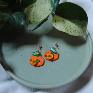 Floral leafy pumpkin polymer clay earrings Female
