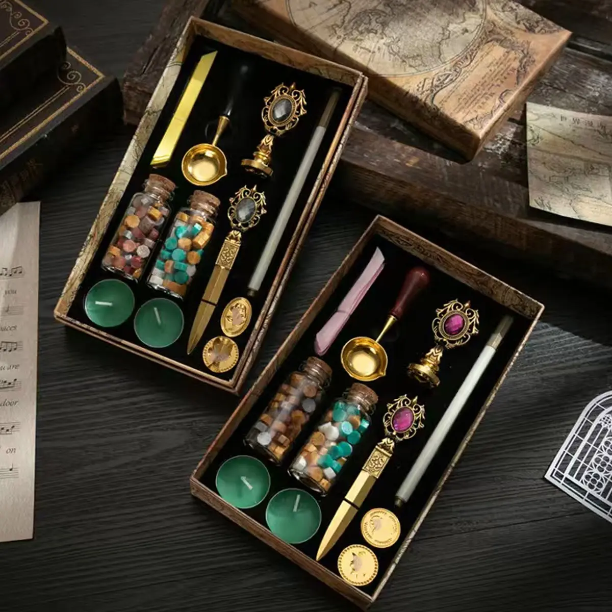Gemstone sealing wax set, vintage sealing wax set, European vintage sealing wax set, ribbon sealing wax set, seal head
