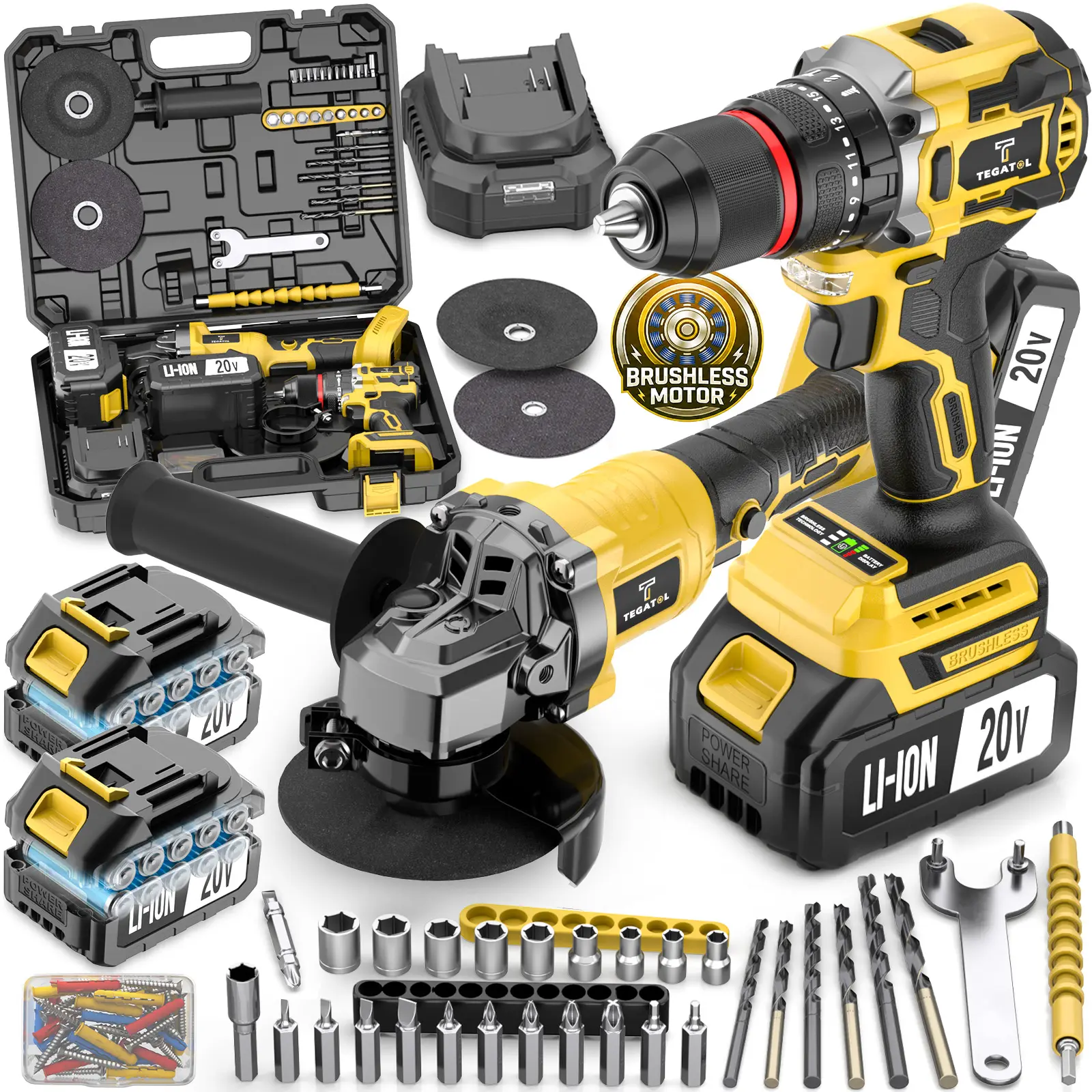 2-IN-1 20V Brushless Power Tool Kit for Home - 2 Cordless Tools with 2 Batteries, Impact Cordless Drill And Angle Grinder, Combo for Renovation