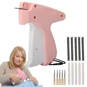 Portable Hemming Stitch Gun - Lightweight ABS Plastic Multifunctional Home Sewing Handheld Tool, Fast Clothes Fixing & On-the-Go Repair Kit with 500 Black Fasteners, 500 White Fasteners, 6 Needles (Pink)