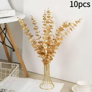 10Pcs Gold Eucalyptus Stems, Artificial Golden Eucalyptus Leaves Branches, Faux Gold Eucalyptus Sprigs for Vase Fillers, Wedding Centerpieces, Christmas Decor, DIY Floral Arrangements, Home Party Holiday Decoration