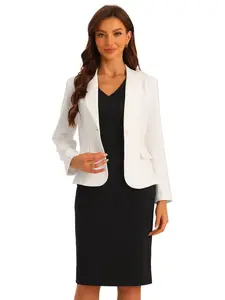 INSPIRE CHIC Business Dress Suit Sets Women's 2 Piece Outfit Work Office Notched Lapel Jacket Blazer Solid V Neck Dress