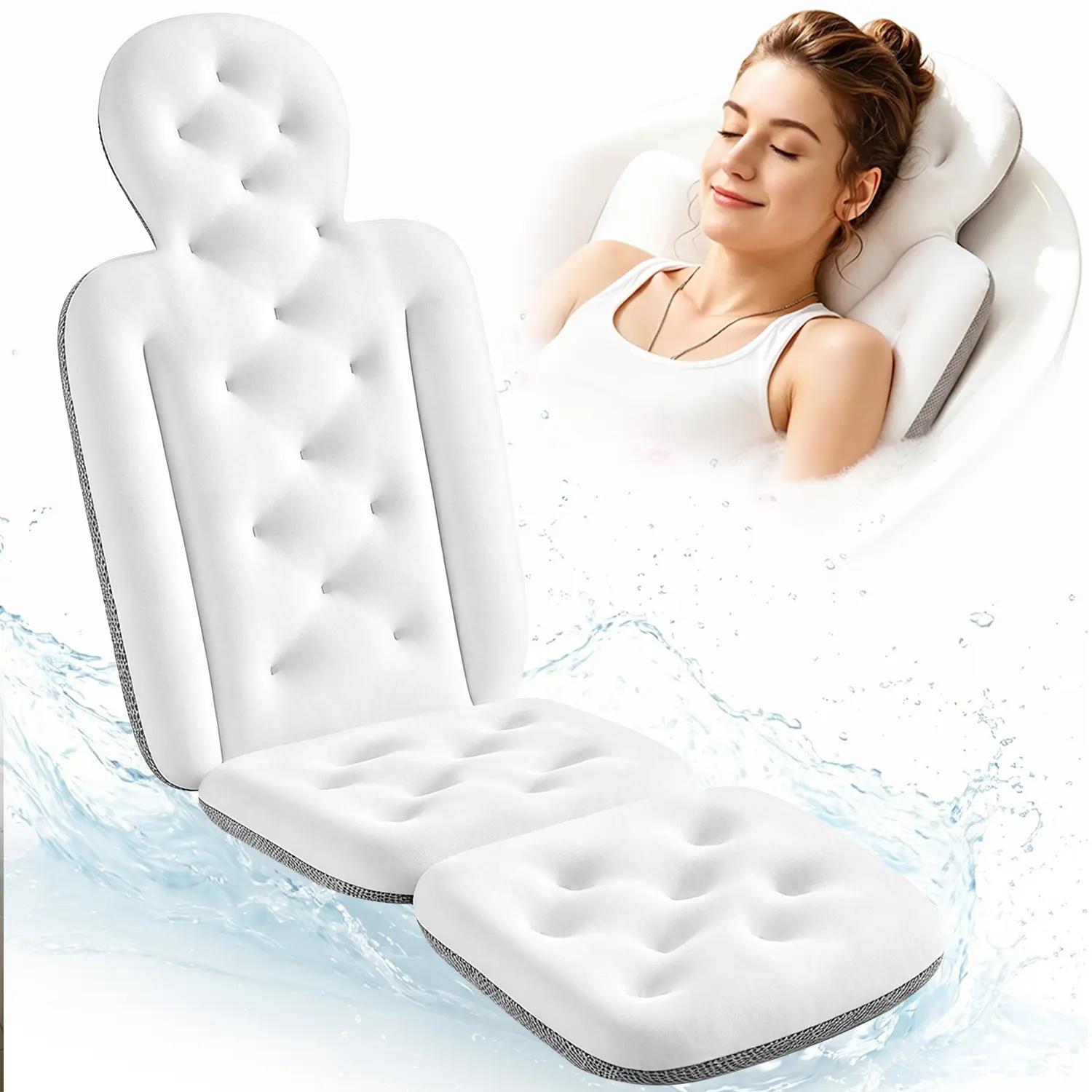 VOXOR Full Body Bath Pillow for Adults, 50x15x2in Thick Bathtub Cushion with Suction Cups, 3D Fiber Mesh for Head-Neck-Back Support, Pearl White Modern Bathroom Accessories, Multi-Size Muscle Relief