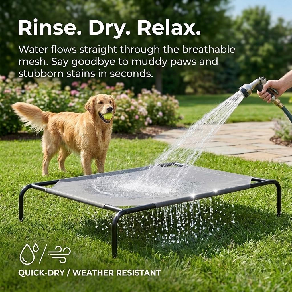 Elevated Cooling Dog Bed Raised Dog Cots Beds for Large Dogs, Summer Outdoor Dog Bed for Large Dogs, Chew Proof Portable Cooling Pet Cot Skid-Resistant Feet, Frame with Breathable Mesh