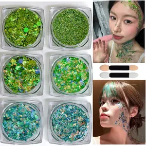 Green Color Body Glitter,Mardi Gras Face Makeup for Kids Women,Sparkly Chunky Hair Glitter,Singer Concert Festival Rave Accessories,Mermaid Face Paint Cosmetic