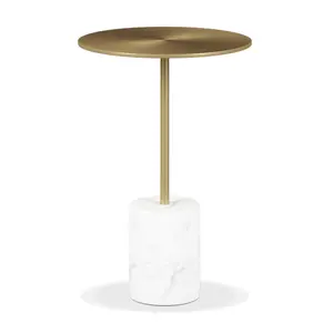 360 Stand 20 in. White & Gold Steel Mid-Century End Table - Modern Accent Table with Round Top, Marble Base, Pedestal Support (Model 520841), Modern Accent Tables