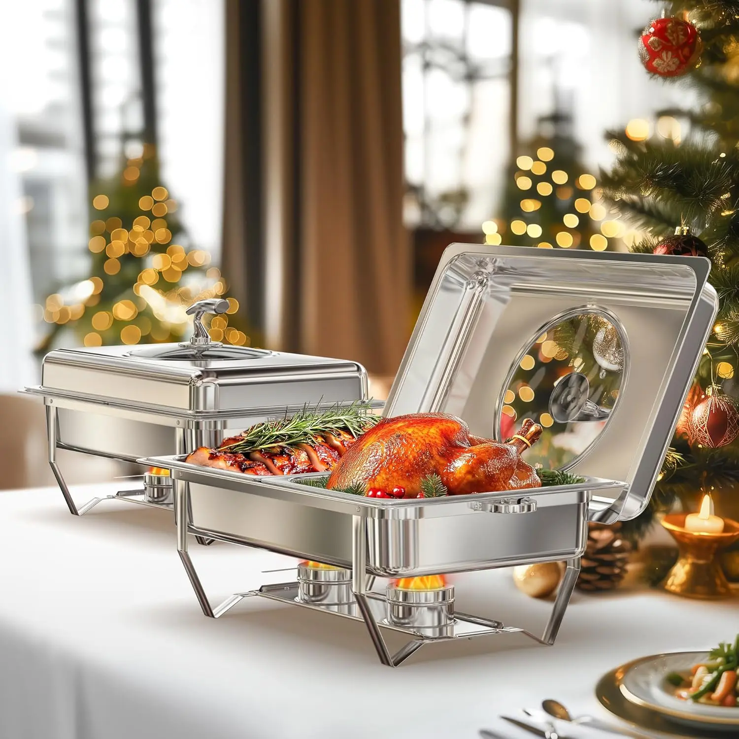 9QT Stainless Steel Chafing Dishes Set of 2, Buffet Warmers with Glass Lid, Foldable Frame & Lid Holder, Mirror-Polished Catering Supplies for Parties, Events & Home Use