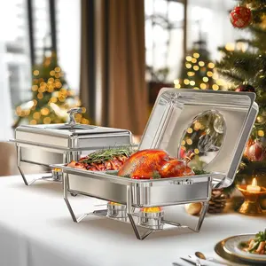 9QT Stainless Steel Chafing Dishes Set of 2, Buffet Warmers with Glass Lid, Foldable Frame & Lid Holder, Mirror-Polished Catering Supplies for Parties, Events & Home Use