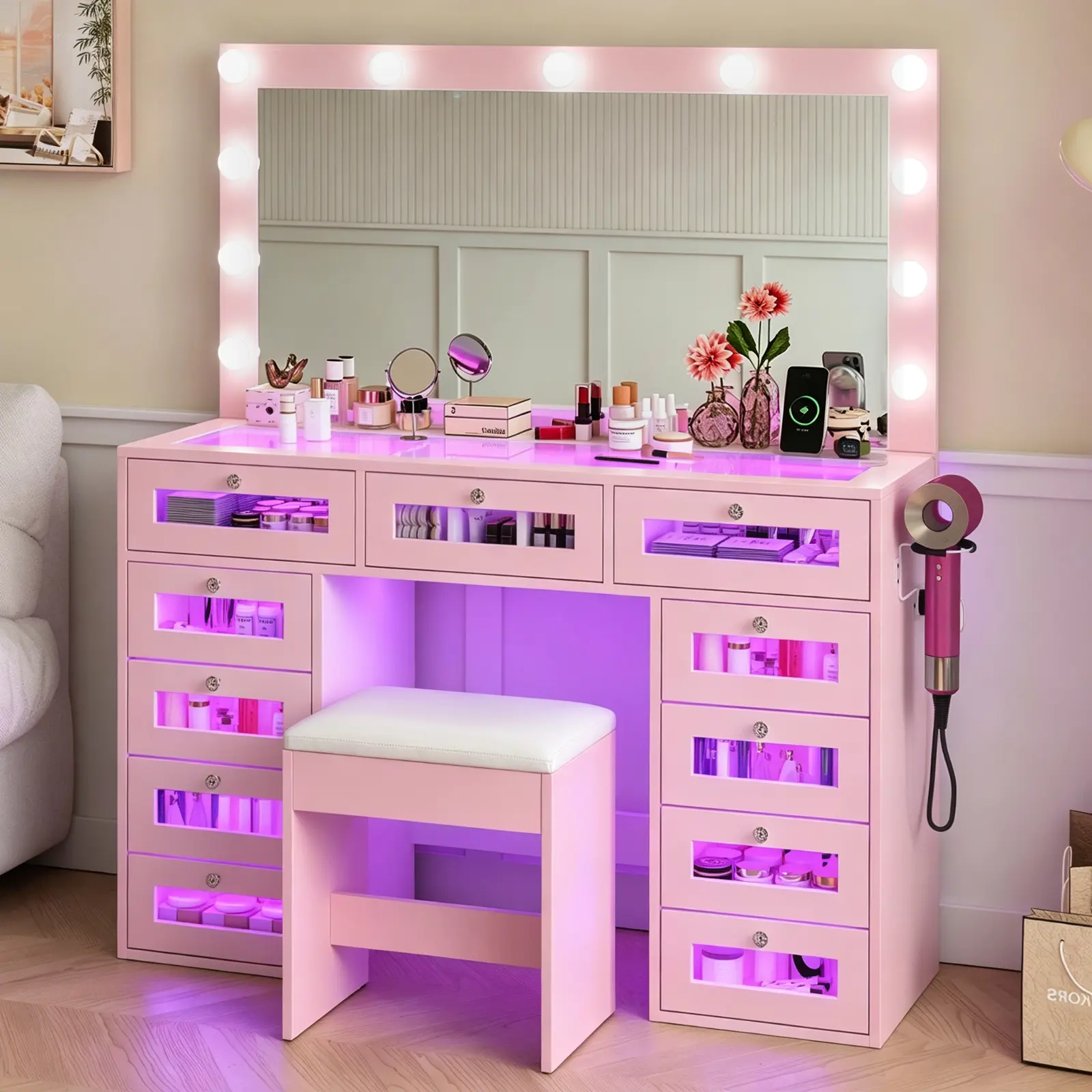 Vanity Desk with LED Lighted Mirror & Power Outlet, Pink Makeup Vanity Table with 3 Color Modes, RGB Lighting & Drawers, Dressing Table with Stool for Bedroom, 2 Packages