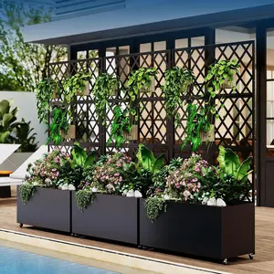 Mobile Galvanized Steel Raised Garden Bed with Trellis and Privacy Screen, Vertical Planter Box with Lockable Wheels for Vegetables Vines Balcony, Outdoor Metal Flower Box