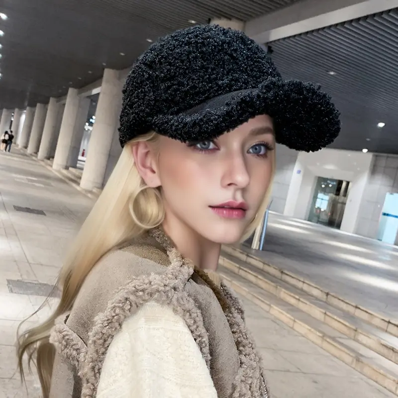 Lansitina Winter Plush Felt-like Baseball Cap - Adjustable Foldable Collapsible Hat with Pom-Pom-Like Accent, Soft Warm Beige/Brown//Black/Grey for Casual & Formal Outfits, Cold Weather Accessory