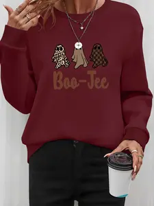 Women's Halloween Ghost Letter Print Long Sleeve Round Neck Pullover Sweatshirt, Casual Fitted Style, Fall & Winter Fashion