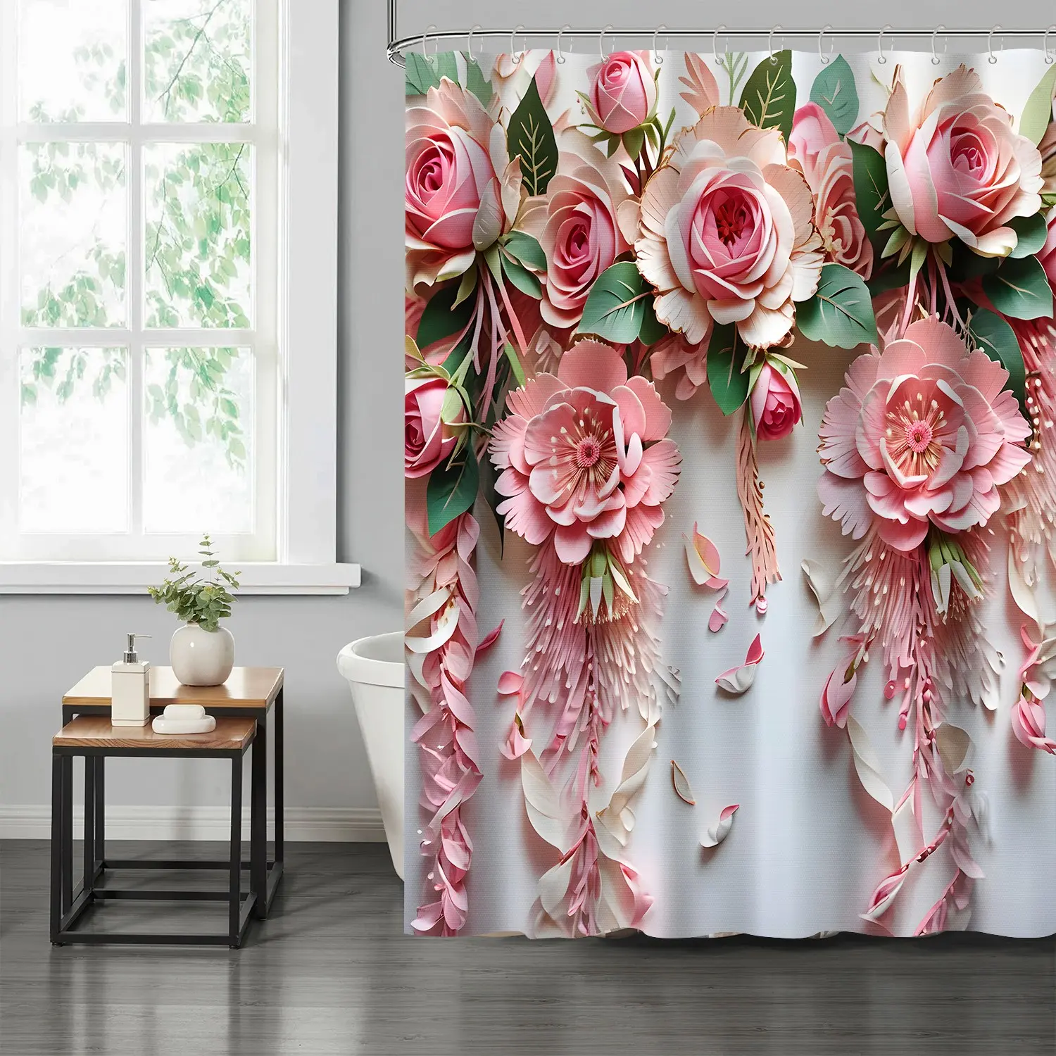 Floral Print Bathroom Decor Set, 1 Count Only Shower Curtain Or 4 Counts/set Including Shower Curtain & Toilet Mat & Bath Mat & Toilet Lid Cover, Home Goods