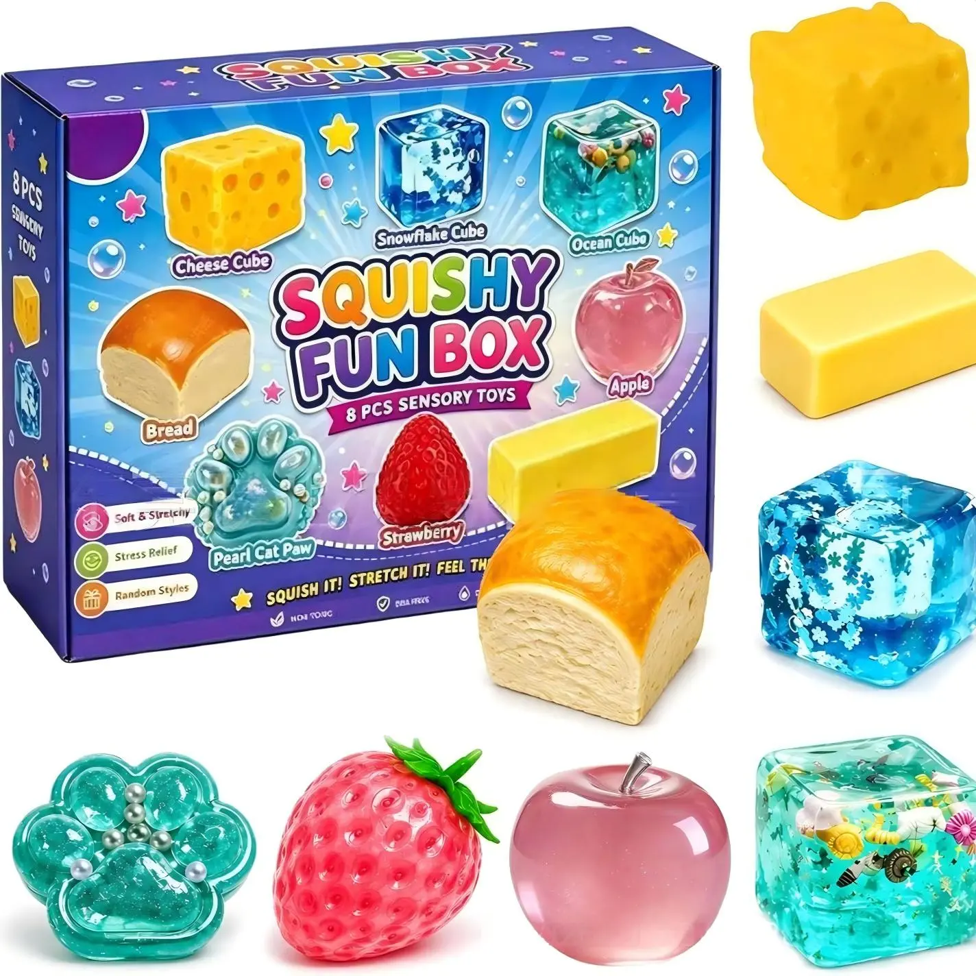 8-Piece Squishies Toys Pack, Malt Sugar Slow-Return Squishy Fidget Toys Set, Sensory Bundle with 8 Different Styles, Stress Relief Party Gift, 8 Pcs Squishies Pack