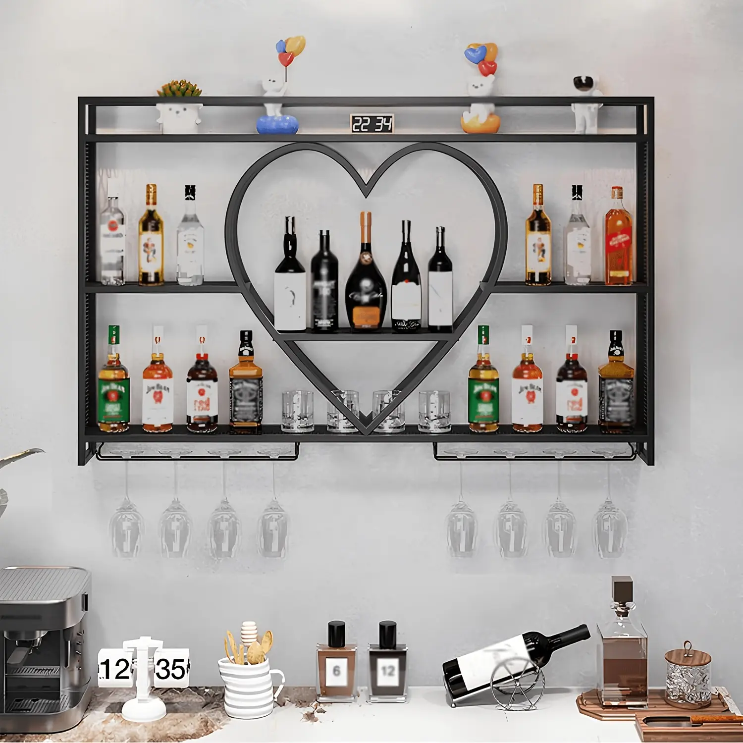 39 Inch Metal Wall Mounted Wine Rack, 3 Tier Bar Shelves with Glass Holder, Large Capacity Modern Liquor Shelves for Home Bar, Dining Room & Kitchen, Black