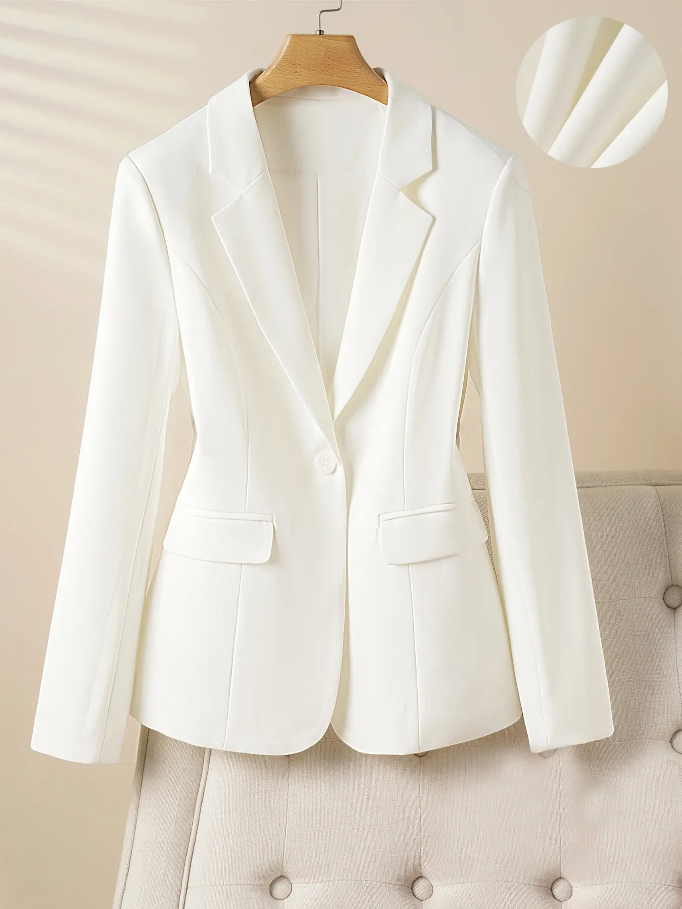 Women's Fashionable Chic Elegant Long Sleeve Button Front Fitted Notch Lapel Blazer Jacket, Spring & Fall Office Wear, Casual Commuter Style, Plain Design with Pockets