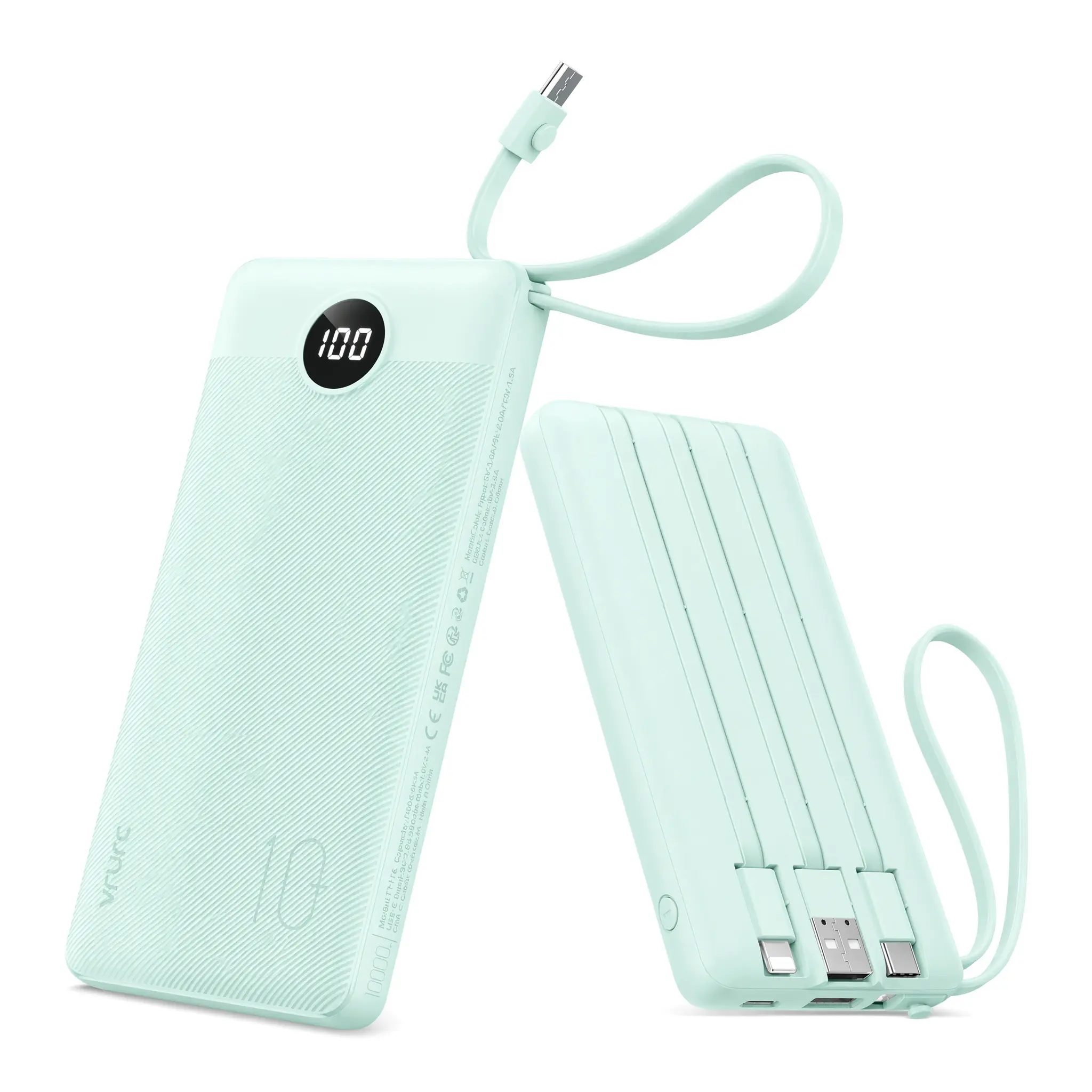 VRURC 10000mAh Portable Charger with 4 Built-in Cables, 22.5W Fast Charging Battery Pack, LED Display Slim Power Bank for iPhone Samsung Android Travel