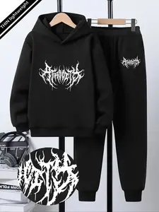 Teen Boys Fashion Printed Hoodie Set, Casual Street Long Sleeve Sweatshirt, Dark Metal Font Print, Spring & Fall Clothing