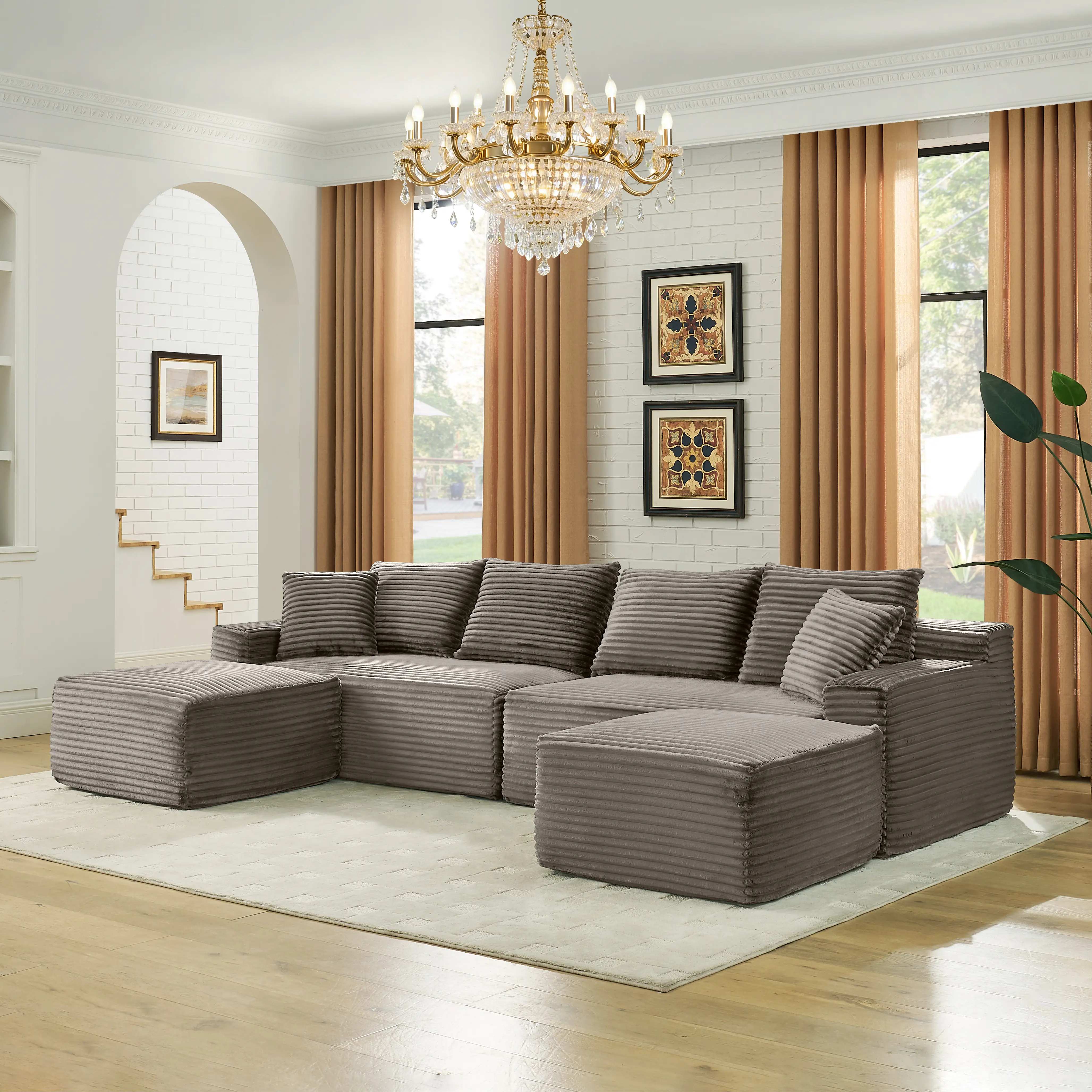 115" Oversized U-Shaped Modular Cloud Sofa - Boneless Corduroy Fabric, Chaise Seat, Ottoman, No-Tool Setup, Deep Plush Seats for Living Room, Family Gathering Space