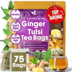 【FreshDrinkUS】 Premium 75 Ginger Tulsi Tea Bags, 100% Natural, Hand-made Blend of Ginger and Tulsi Holy Basil Leaves, Eco-conscious Tea Bags. Ginger Tulsi Herbal Tea. No Sugar, No Caffeine, Vegan.