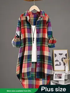 Women's Linen Woven Loose-Fit Sun Protection Gingham Shirt Blouse, Mid-Length Long Sleeve Casual Top, Plus Size Fall & Winter Open Front Cardigan Coat, Womenswear