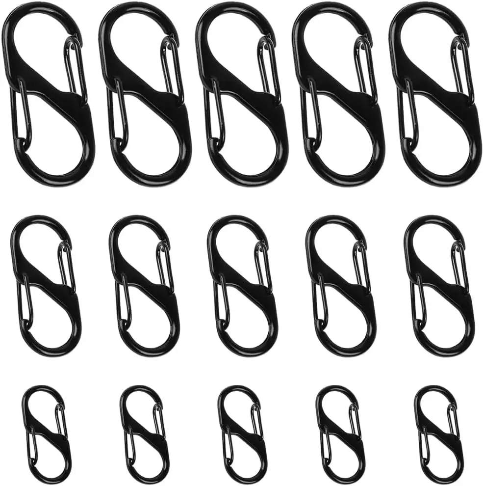 15pcs Zipper Clip Theft Deterrent, Zipper Pull Replacement Zipper Connectors Zipper Lock Clips Keychain Locking Clip, Dual Wire S Shaped Carabiner to Keep Zipper Closed (Black, 3 Sizes)