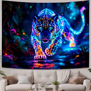 Casual Tapestries Glowing neon jaguar walking in jungle Prints Suitable for living rooms