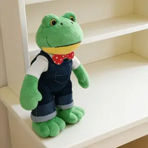 New Frog Mr. Plush Toy Cute Animal Design with Jeans Bib and Bow, Detachable Clothes, Creative Gift for Kids, Holidays, Friends, Couples, Valentine's Day, Cuddly Stuffed Animal