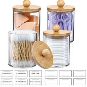 4 Pack Qtip Holder Storage Dispenser with Bamboo Lids, 10 Oz Clear Plastic Apothecary Jars, Vanity Makeup Organizer, Bathroom Accessories Set