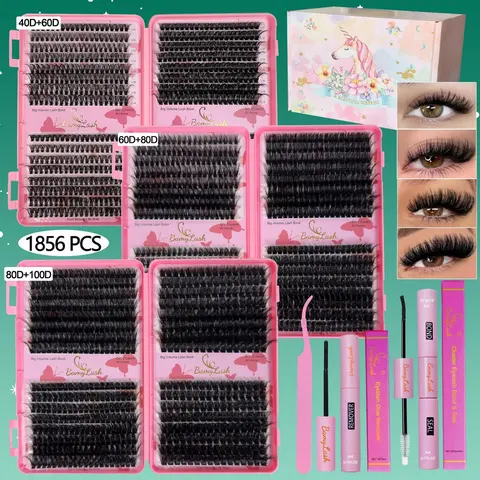 Large Box Individual Eyelash Extension Kit, Eyelash Extension Supplies, Perfect for DIY Lash Extensions, 30D 40D 50D 60D Synthetic Volume Lash Clusters, with Bond & Seal & Remover & Tweezers & Curler, Eyelash Application Set, makeup lashes