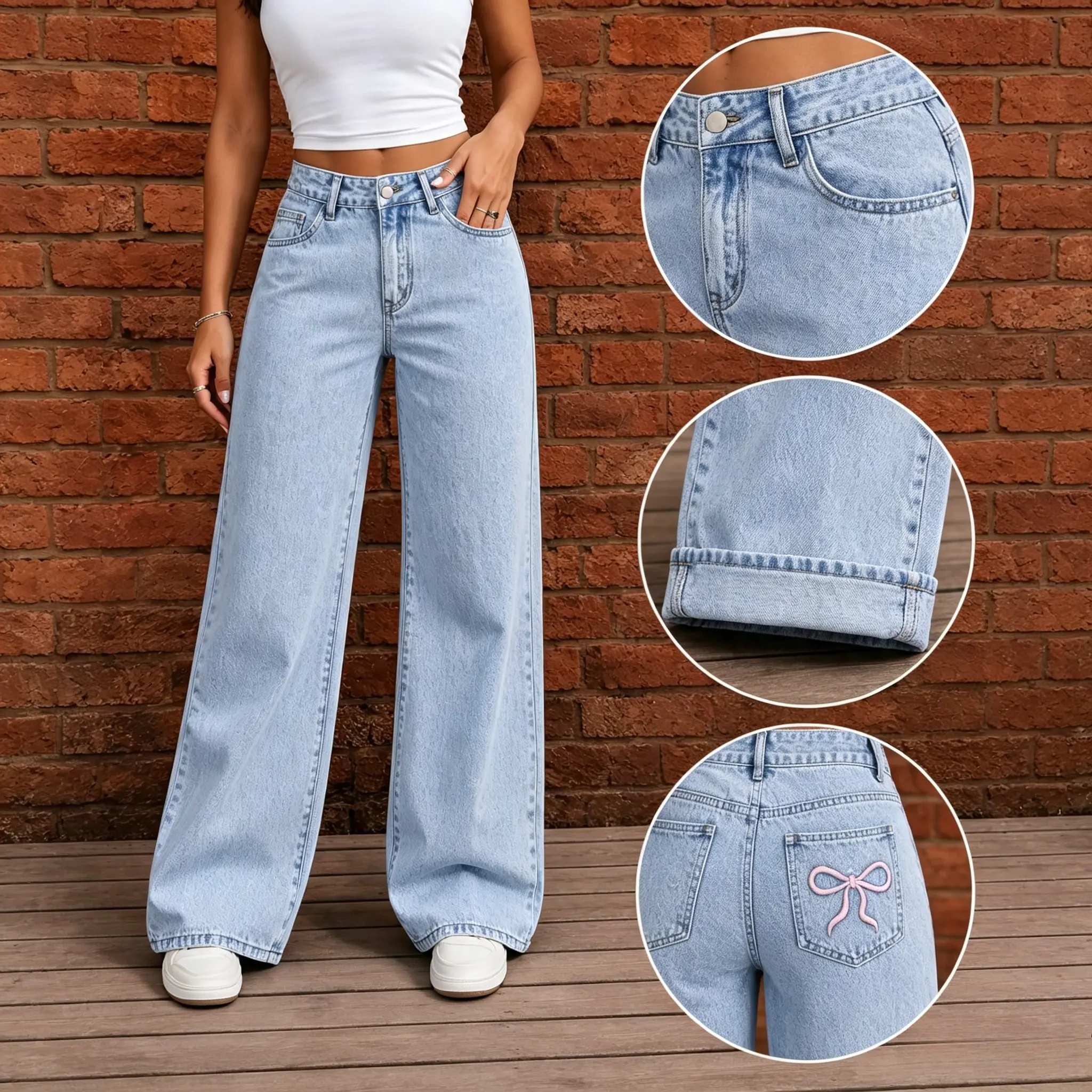 Women's high-waisted wide-leg jeans, light-colored washed loose denim trousers, bow-embroidered rear pocket design, casual daily slim floor pants