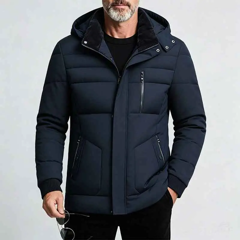 Men's Autumn Winter Mid-Length Hooded Down Coat - Quilted Outerwear Jacket, Coats for Casual Wear, Plain Design, Stylish Zipper-Button Front Closure, Multiple Zippered Pockets, Straight Cut, Casual Topstitching
