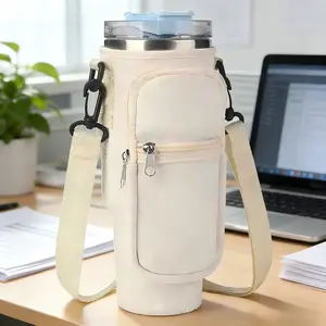 Water Bottle Carrier Bag with Phone Pocket Adjustable Strap for 30/40 oz Bottles Beige Black Neoprene Drinkware Accessories for Home Office Outdoor Camping Drinking Gadgets Travel