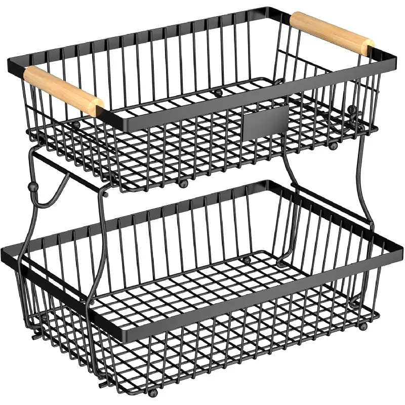 Black 2-Tier Carbon Steel Home Organiser, Durable Countertop Storage Stand with 2 Hooks for Banana, Wooden Handle Metal Bread Basket for Kitchen Counter Vegetables Snacks Eggs Produce