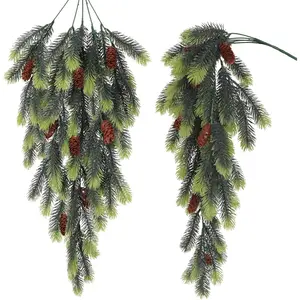 4 Pcs Artificial Christmas Teardrop Pine Branches with Cones, Greenery Decorations for Home Garden, Outdoor Hanging Plants, DIY Accessories