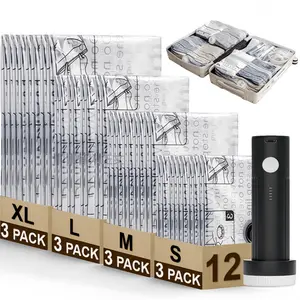 Cordless Travel Vacuum Storage Compression Bag Set – 12-Pack in 4 Sizes – USB Rechargeable Handheld Pump with Built-In Battery – Waterproof & Reusable Space Saver for Clothes & Packing, Perfect for Carry-On Suitcases