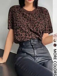 1 Piece Retro Leopard Print Ribbed Short-Sleeve Top | Euro-American Fashion Vibe | Short-Sleeve Cut + Leopard Print Element