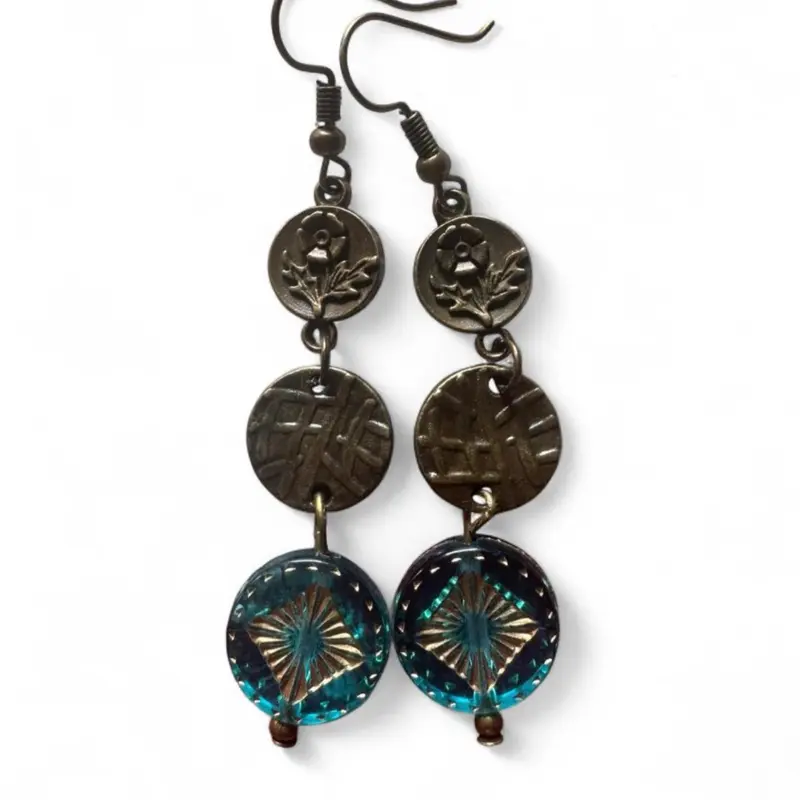 Handmade Bronze & Teal Dangle Earrings with Intricate Coin Design and Faceted Beads for Elegant Accessories Fashion Earrionngs