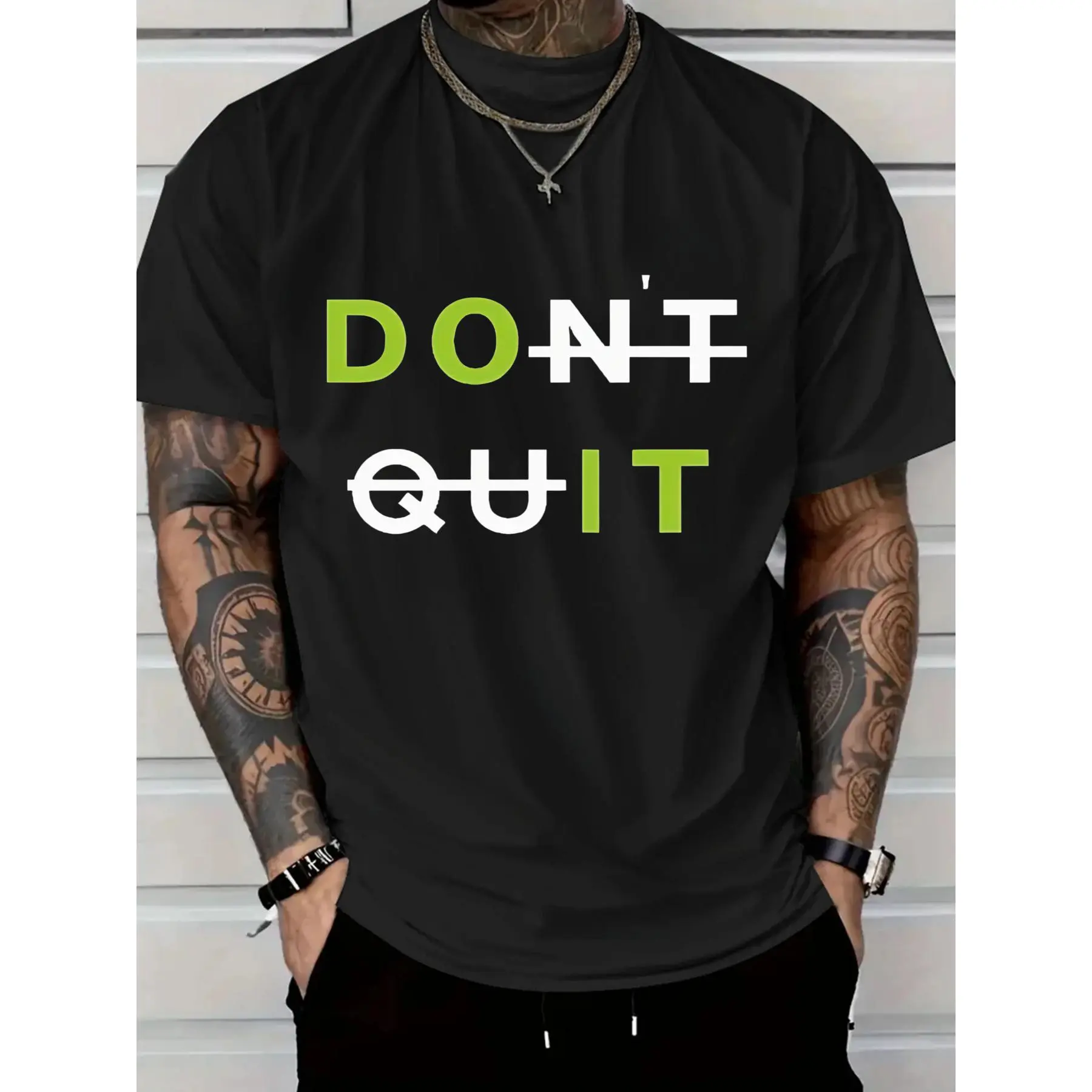 2026Men's Casual T-Shirt with Bold DON'T QUIT Motivational Graphic - White Tee, Green & Black Text, Regular Fit Short Sleeve,  Casual Attire & Summer Outdoor Apparel,