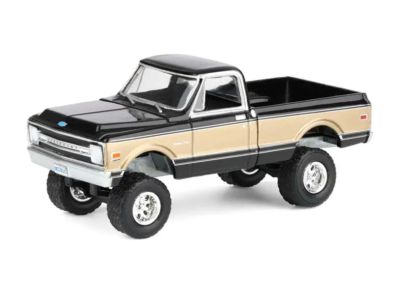 1969 Chevrolet K10 Pickup Truck Lifted - Black / Gold (Midwest Exclusive) Diecast 1:64 Scale Model - Greenlight 51687A