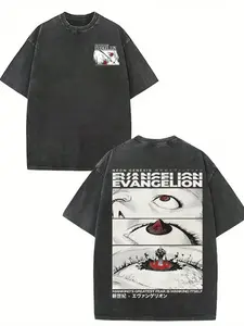 Men's Vintage Washed T-Shirt with Neon Genesis Evangelion Graphic, 100% Cotton Round Neck Short Sleeve Anime Streetwear Tee, Shortsleeve