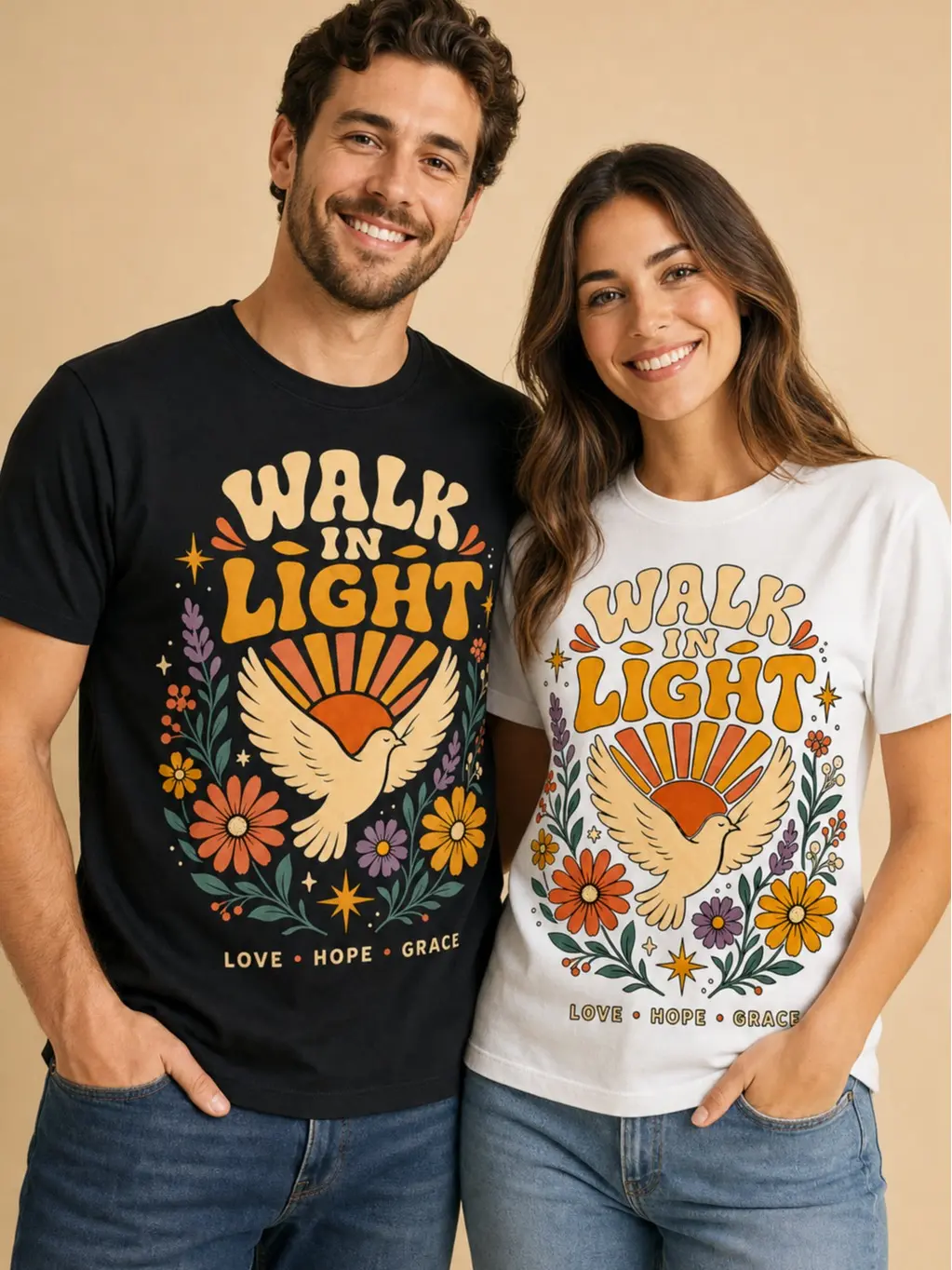 Streetwear Menswear Tshirt, Vintage-Style "Walk in Light" Floral & Bird Graphic Print, Casual Shortsleeve Round Neck Top, Birds