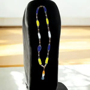 Santa Muerte Rosario Azul, Blanco & Amarillo Beads / Holy Death Rosary Blue, White and Yellow Beads Beaded Necklace Religious Necklace