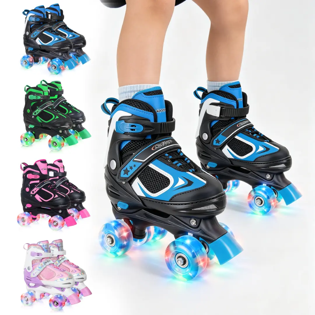 Unisex Kids' 4-Size Adjustable Quad Roller Skates with All LED Light-Up Wheels, Padded Composite Liner, Ideal Christmas/Birthday Gift for Indoor & Outdoor Fun Confidence Building, Christmas Gift, Built To Last, All Light-Up Wheels, Buckle, Light-Up Moving