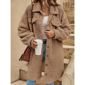 Women's Fuzzy Sherpa Shacket Longline Button-Up Coat in Soft Brown with Gold Buttons and Stylish Pockets Womenswear Fleece Jackets Tops Outerwear Fitted